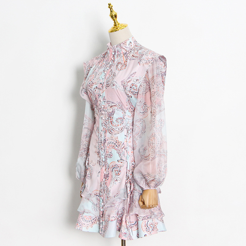 Women's Small Stand-up Collar Single-breasted Slim Mesh Stitching Dress