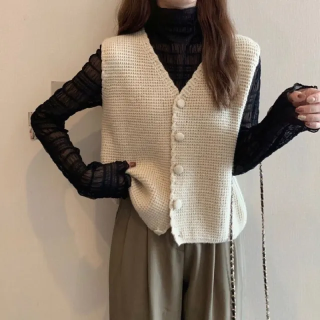 V Neck Knitted Cardigan Sweater Vest Apricot - Shop at LoveMi
