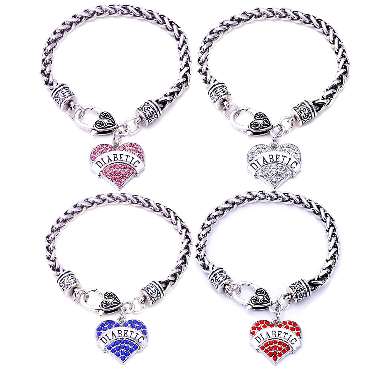 Title 1, Zinc Alloy Diamond Heart-shaped DIABETIC Bracelet