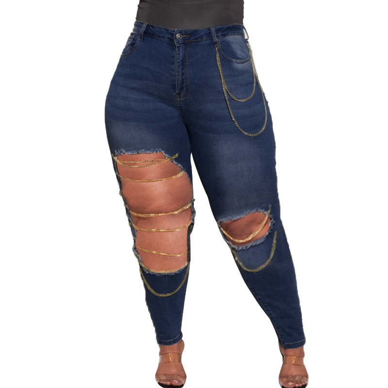 Slim Fit Ripped Chain Washed Oversized Jeans High Stretch Dark Blue - Shop at LoveMi