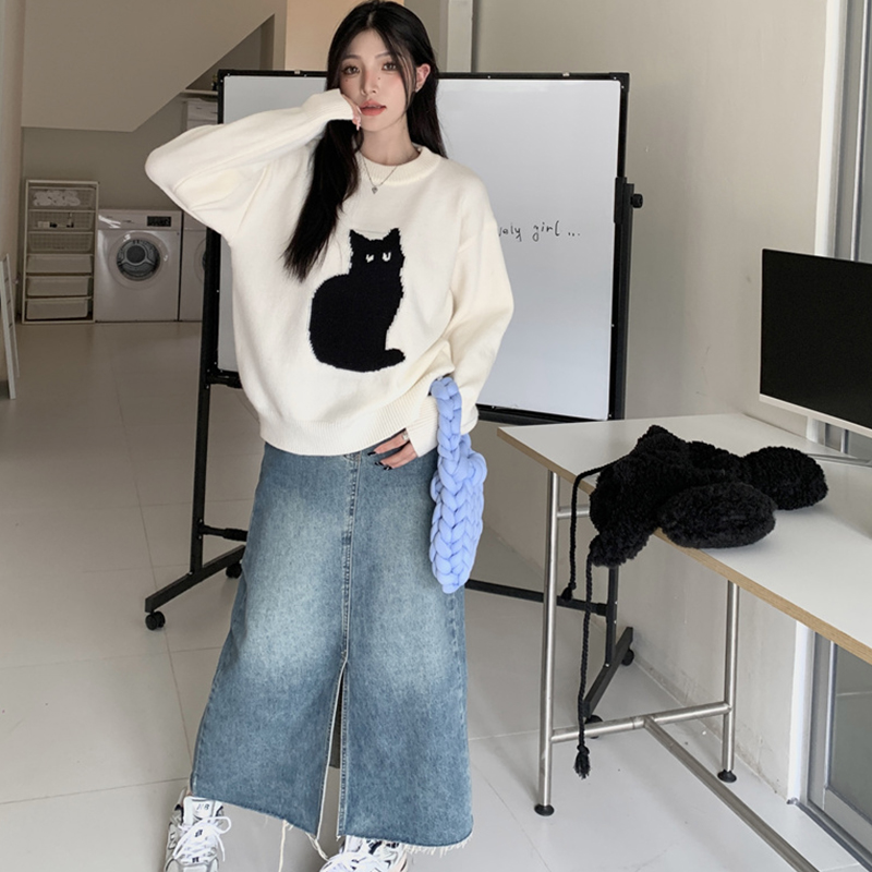 Lazy Wind Long-sleeved Crewneck Sweater Women Fat Loose Show Thin Top