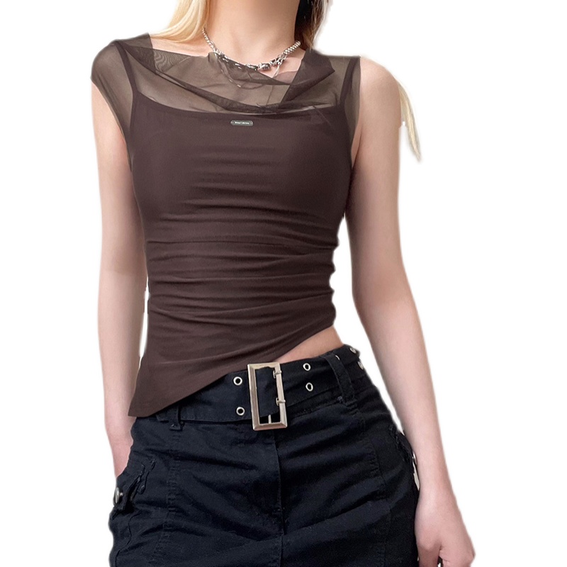 Mesh Spliced Irregular Strap Tank Top For Women Brown - Shop at LoveMi