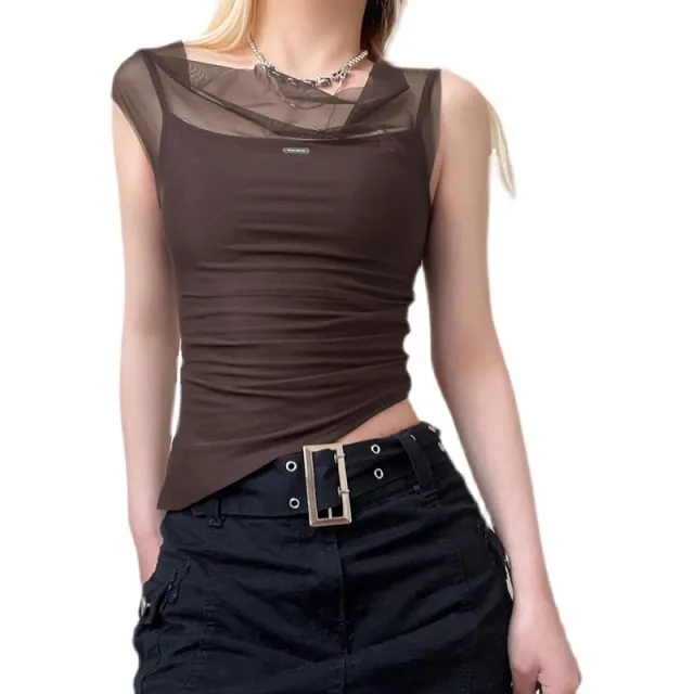 Mesh Spliced Irregular Strap Tank Top For Women Tan - Shop at LoveMi