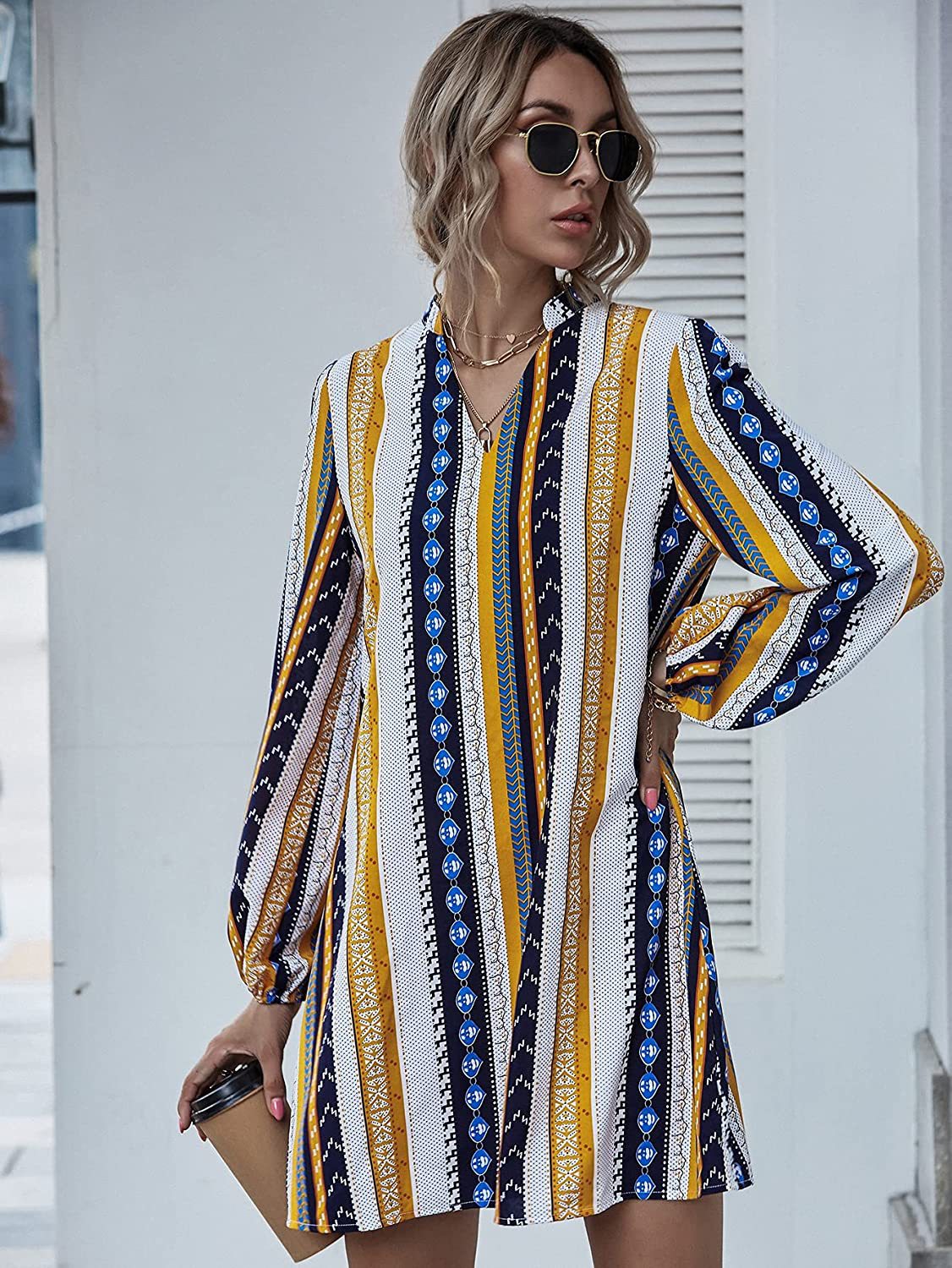 Geometric Print Long Sleeve Casual V-neck Straight Dress