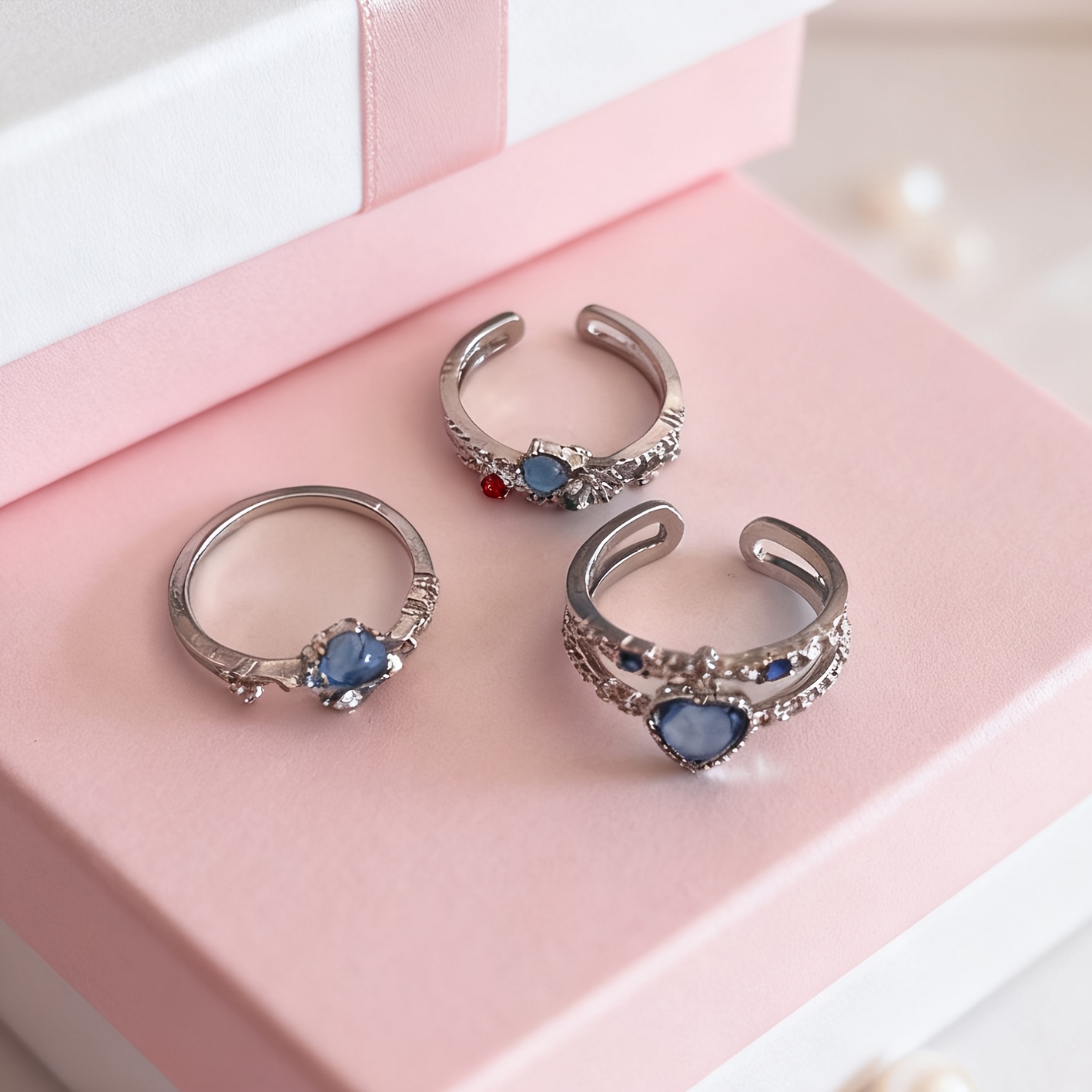 3pcs Set Of Women's Ocean Blue Heart-Shaped Moonstone Open Rings, High-End Adjustable Unique Design Ladies' Hand Jewelry - Jewelry & Watches
