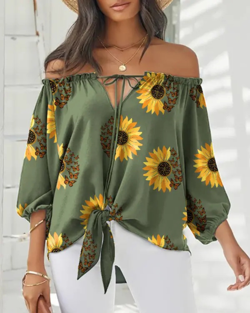 Sexy Off Shoulder Printed Chiffon Shirt Women Fashion Tied Detail Long Sleeve Pullover Tops Street Vintage Lady Blouse Sunflower - Shop at LoveMi