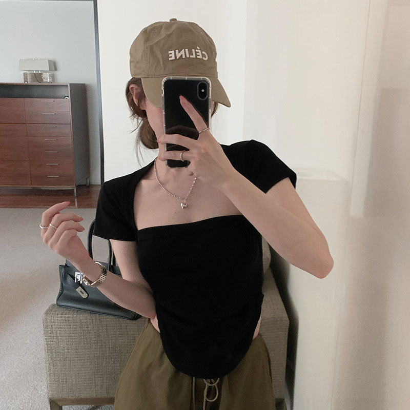 Retro Hot Girl Square Collar Slim Irregular Covering Belly Slim Short Top Black - Shop at LoveMi