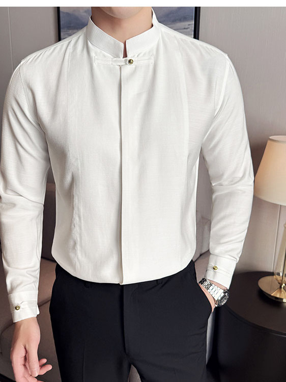 Men's Solid Color Stand Collar Long-sleeved Shirt
