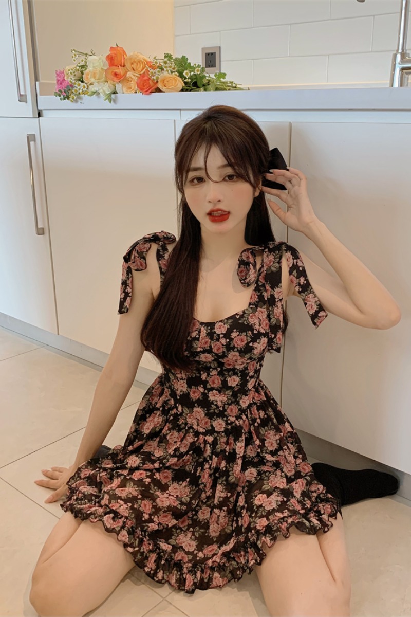 Rose Floral Sling Dress Women's French Style