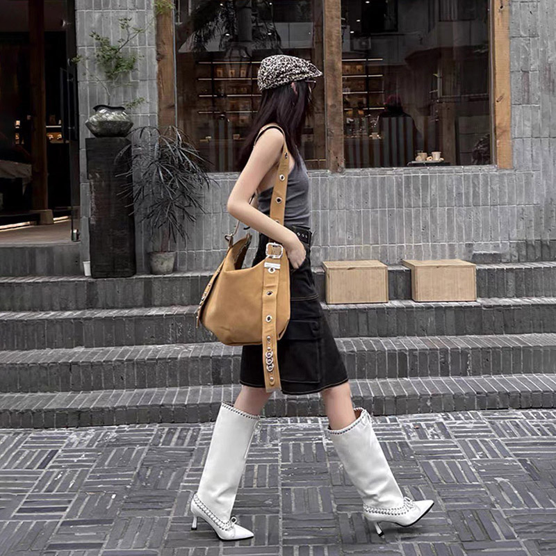 Fall Winter Hot Girl Pointed Toe Strappy Design Fashion Boots Slimming Wide Calf Patchwork Knee High Boots