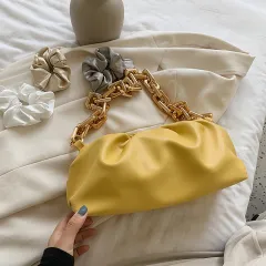 Soft Leather Net Red Crossbody Fold Cloud Bag - Yellow - View 1