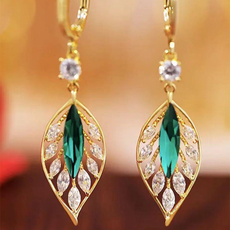 Title 3, Pendientes elegantes de hojas verdes con circon...