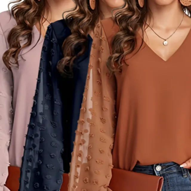 Swiss Dot V Neck Shirt Set Soft, Breathable, Casual Solid Shirt For Spring And Fall Season, Women's Clothing With Relaxed Fit And Classic Style ... Set1 - Shop at LoveMi