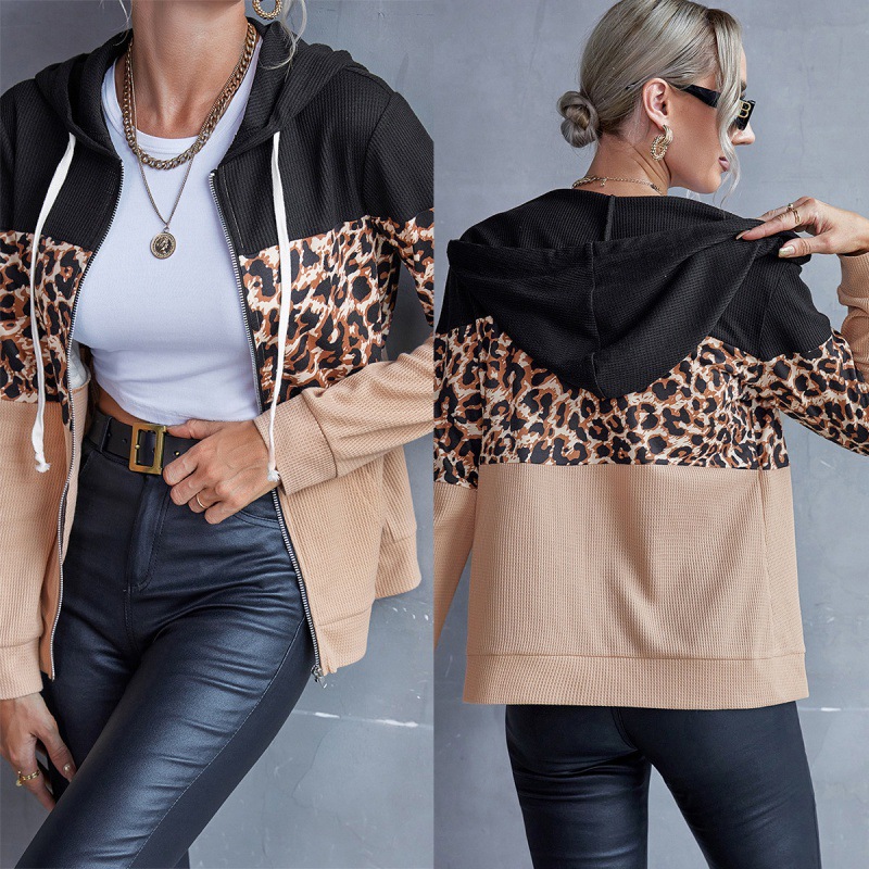 Leopard Panel Zip Sweatshirt Hooded Jacket