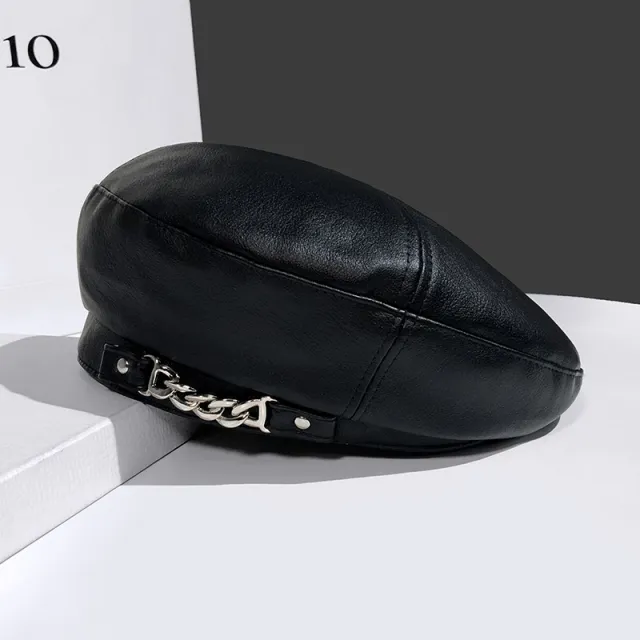 Women's British Vintage Chain Leather Beret Hat Black - Shop at LoveMi