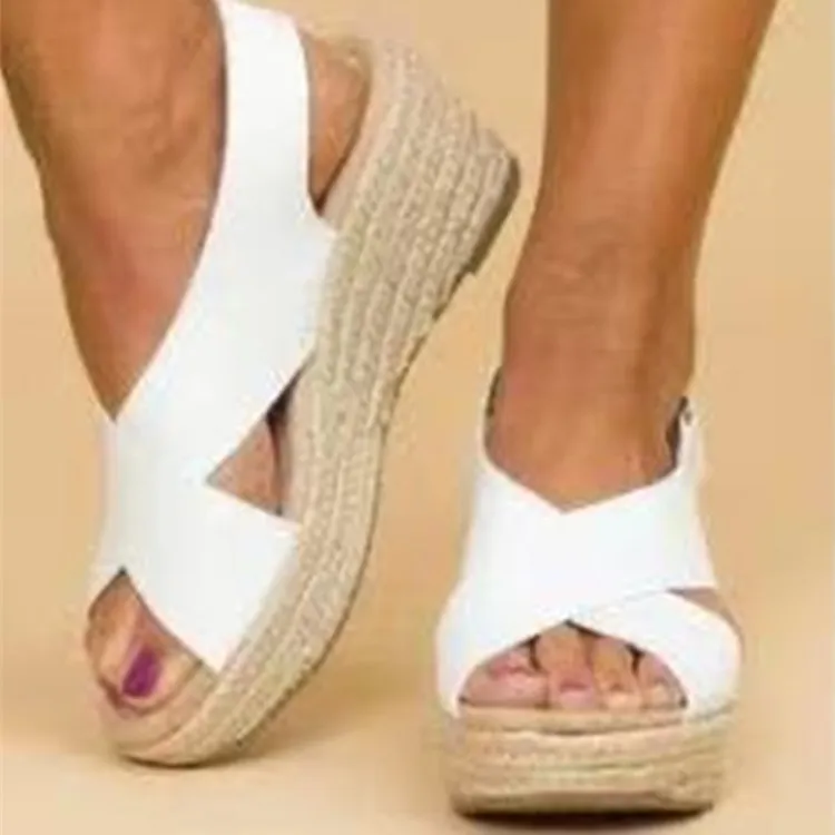 European And American Large Size Wedge Heel Women's Summer New Hemp Rope Platform Sandals And Slippers - White
