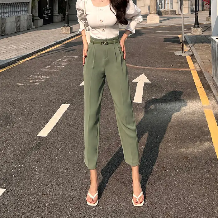 Women's High Waist Green Small Feet Slim Pleated Harem Pants