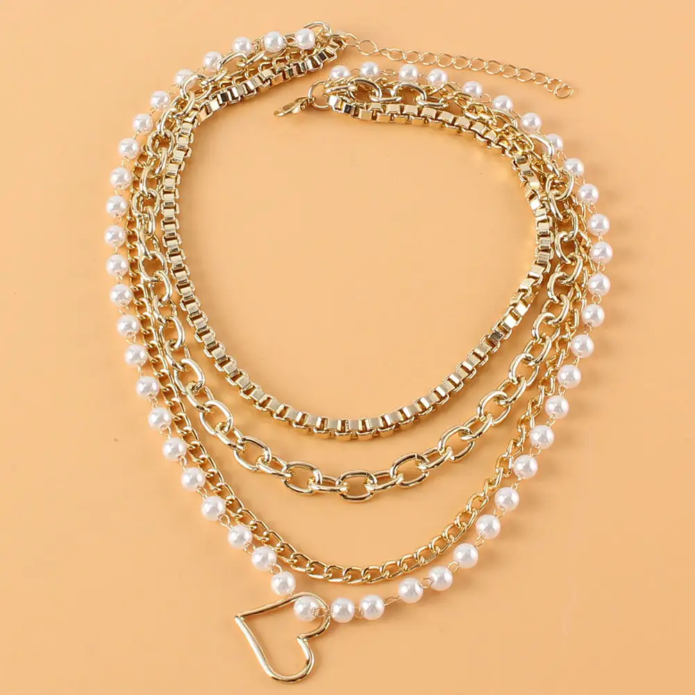 Vintage Alloy Peach Heart Pendant Round Bead Chain Necklace