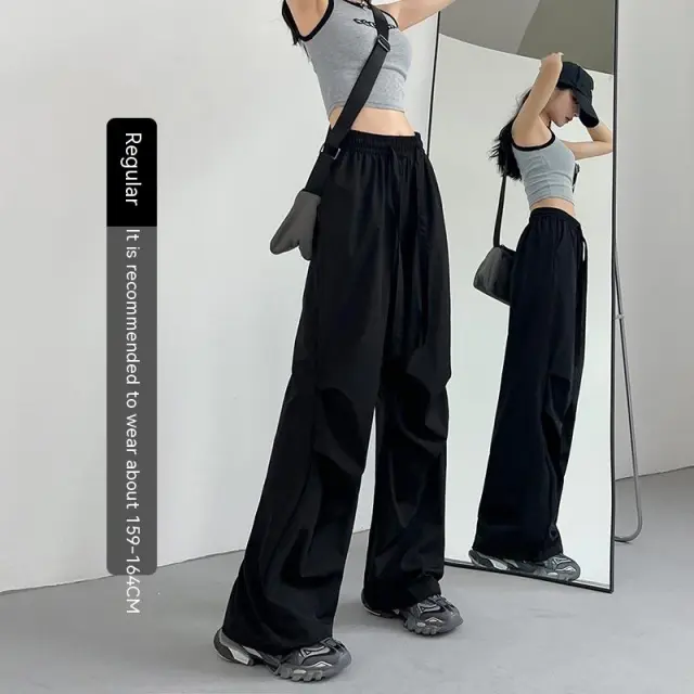 American Straight Pants High Waist Casual Wide Leg Quick drying Track Pants Black Regular Common Style - Shop at LoveMi