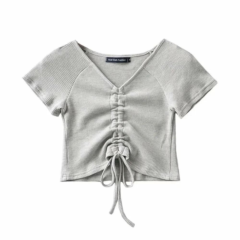 Summer New Style V-Neck Drawstring Exposed Umbilical Sexy Short-Sleeved Women - Grey