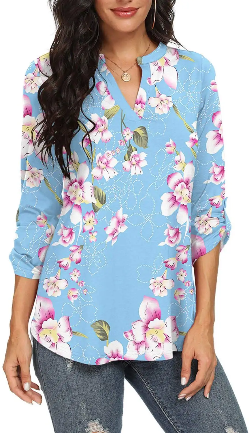 Explosive Element Printing Ladies V-neck Sleeves Pullover Bottoming Top