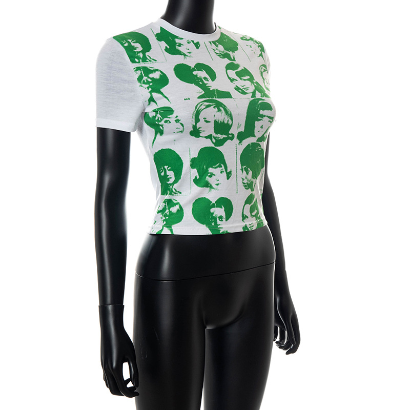 European And American Round Neck Pullover Print Umbilical Casual Women's T-shirt