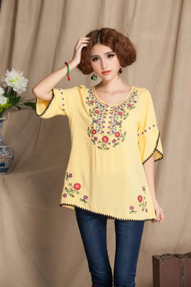 Plus Size Women's Finely Embroidered Cotton And Linen Shirt Yellow - Shop at LoveMi