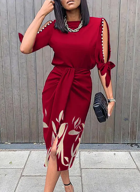 Women's Printed Hollow Lace up Pleated Dress Wine Red - Shop at LoveMi