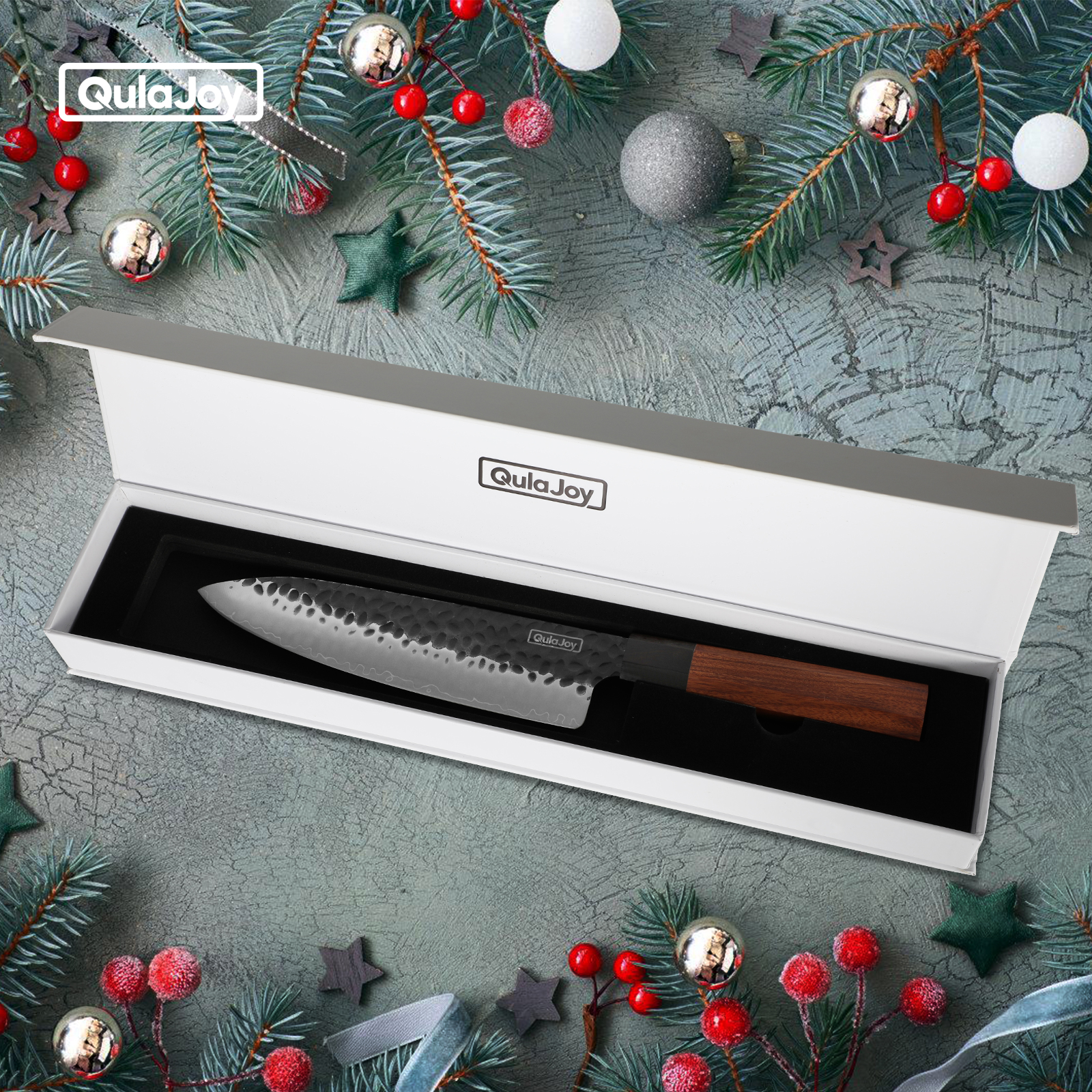 Qulajoy 7 Inch Santoku Knife - Professional Japanese Chef Knife - Razor Sharp 9cr18mov Blade - Hammered Kitchen Knife - Octagonal Rosewood Handle With Sheath