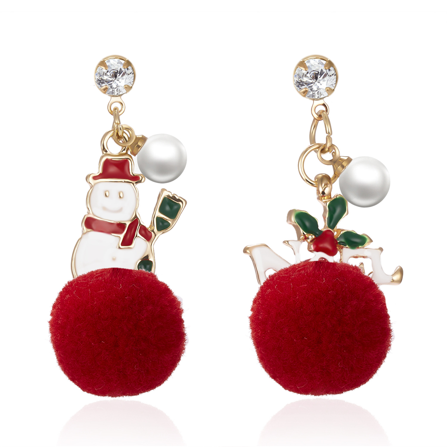 Fashion Diamond Christmas Tree Garland Old Man Snowman Hair Ball Pendant Stud Earrings