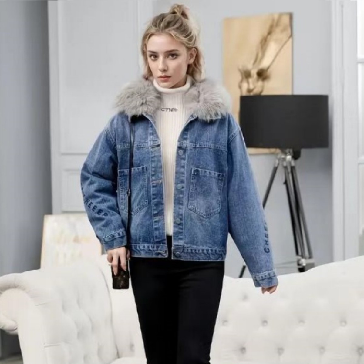 Veste en jean doublée polaire femme - Hiver chaud - Col en fausse fourrure - Jean oversize - Veste US Ready Stock
