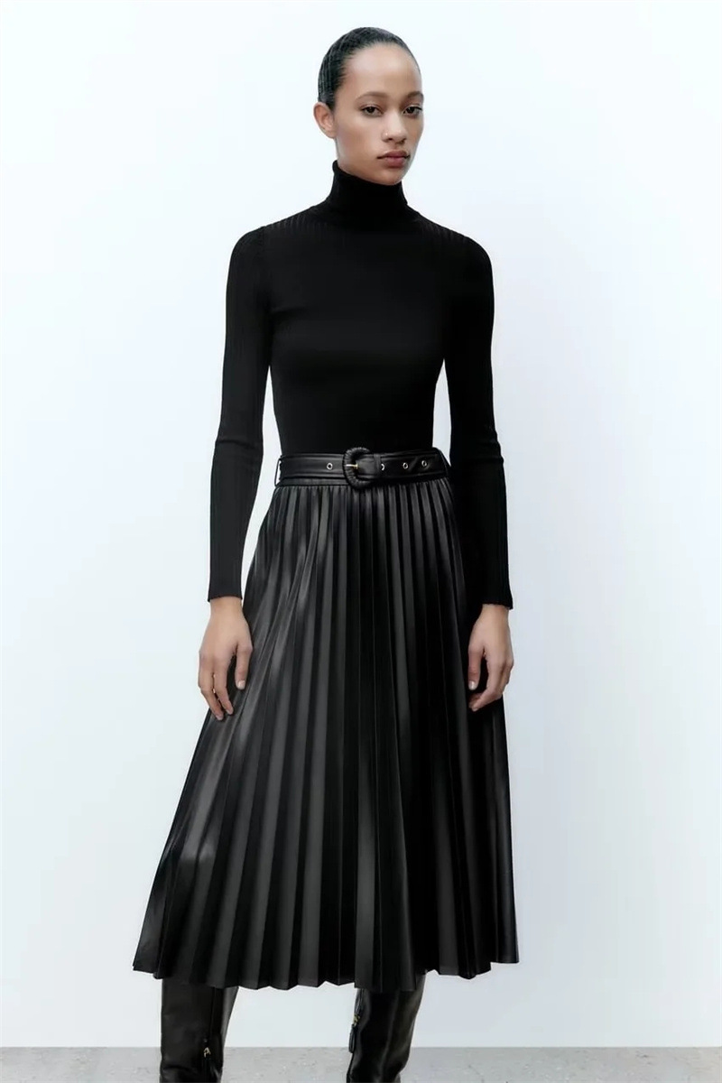 Blast Street Celebrity Belt Decoration Leather Pleated Skirt Fashion Trend