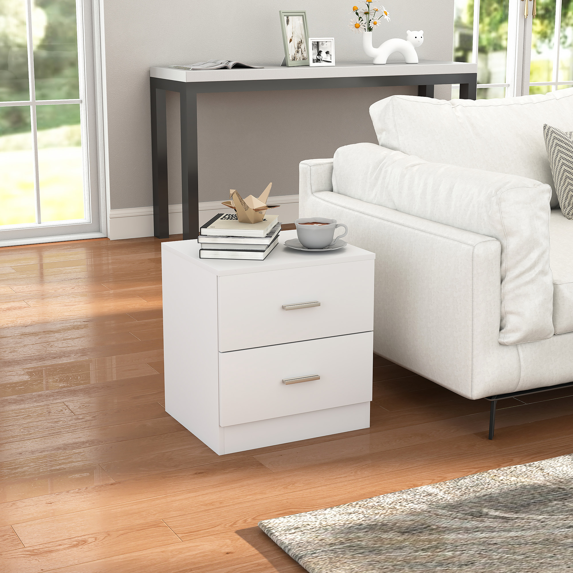 Bedside Table, Small With 2 Drawers And Storage Rack, Modern Bedroom White — image 5
