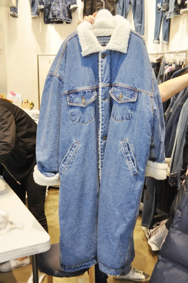 Lamb Wool Thick Denim Jacket Women Mid length Plus Cashmere Blue - Shop at LoveMi