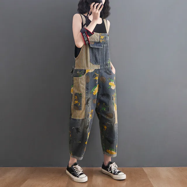 Women's Loose Plus Size Cartoon Print Denim Overalls Grey - Shop at LoveMi