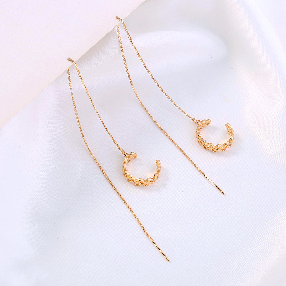 Gold Long Copper C-shaped Hollow Leaf Ear Clip Ear Wire Earrings
