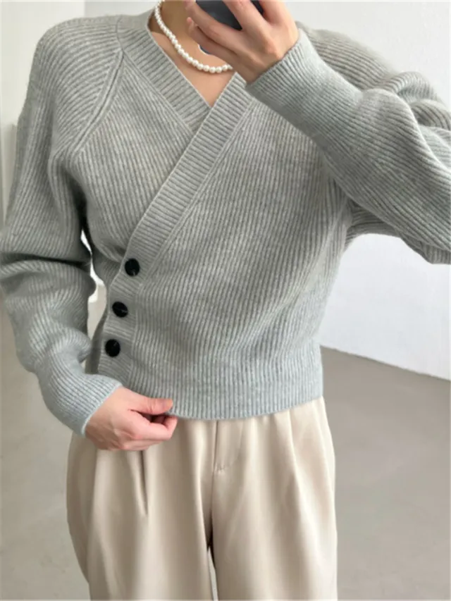 Irregular Short Knit Long Sleeve Bevel Button V Neck Top Grey - Shop at LoveMi