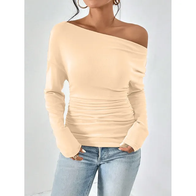 Women's Off The Shoulder Tops Long Sleeve T Shirts Going Out Tops Casual Trendy Ruched Slim Fitted Tees Apricot - Shop at LoveMi