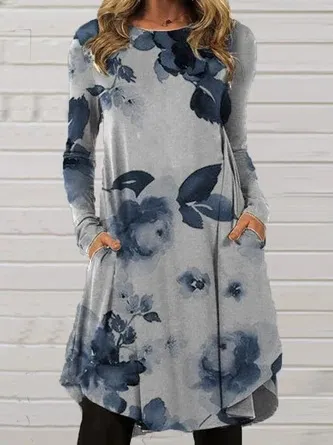 Women's Autumn Mid skirt Street Hipster Print Dress Blue - Shop at LoveMi