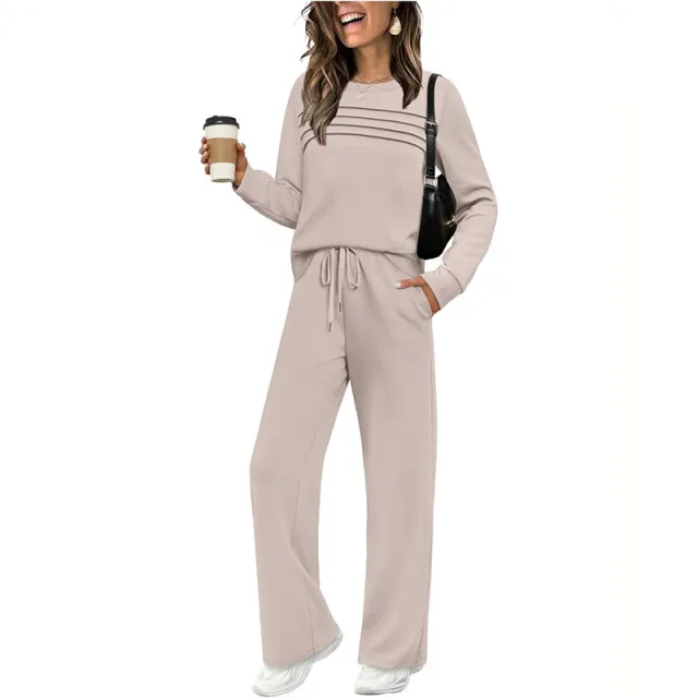 Women's Solid Color 2 Piece Set, Crew Neck Long Sleeve Ruffle Design Top With Tie Waist Wide Leg Pants For Spring And Fall Apricot - Shop at LoveMi