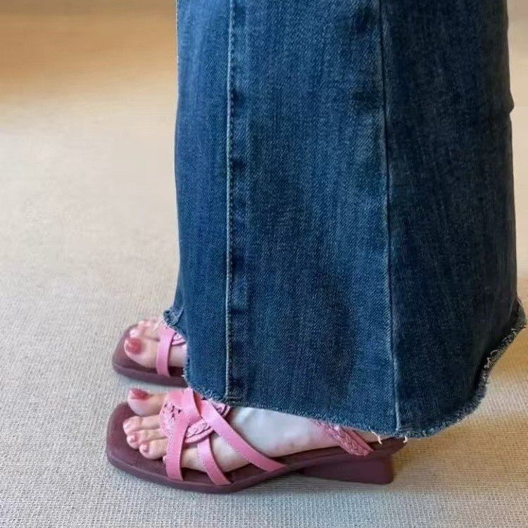 Vintage Square Toe Hollow Out Woven Peep-Toe Roman Sandals, Niche Designer Genuine Leather Versatile Women Sandals
