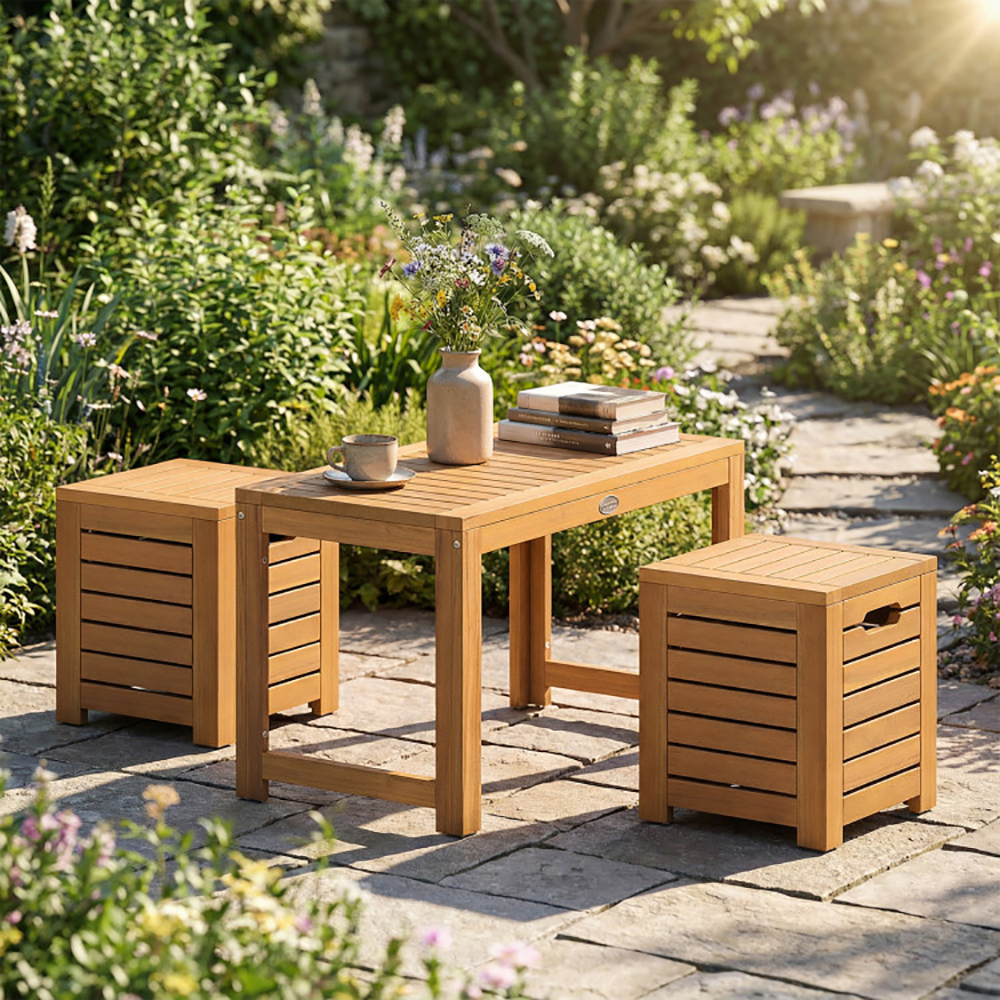 Acacia Wood Outdoor Coffee Table With Stools Set Of 2 3 Pieces Patio Table And Stools Set For Balcony, Patio, Porch, Garden And Other Limited Space
