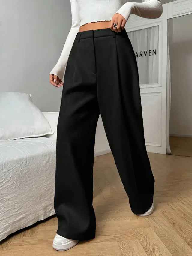 Minimalana Casual Versatile Solid Color High Waisted Wide Leg Pants Black - Shop at LoveMi