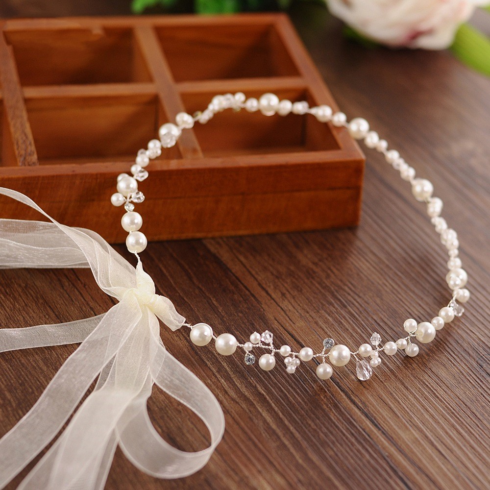 Bridal Wedding Pearl Band Diamond Hair Band Silver With Ivory - Shop at LoveMi