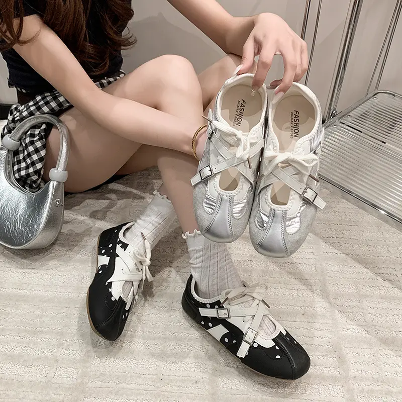 Women Y2K Vintage Double Metal Buckle Crisscross Ribbon Tie Ballet Flats, Shiny Silver Metallic Polka Dot Patchwork Lightweight Flexible  Sole Minimalist Plaid 