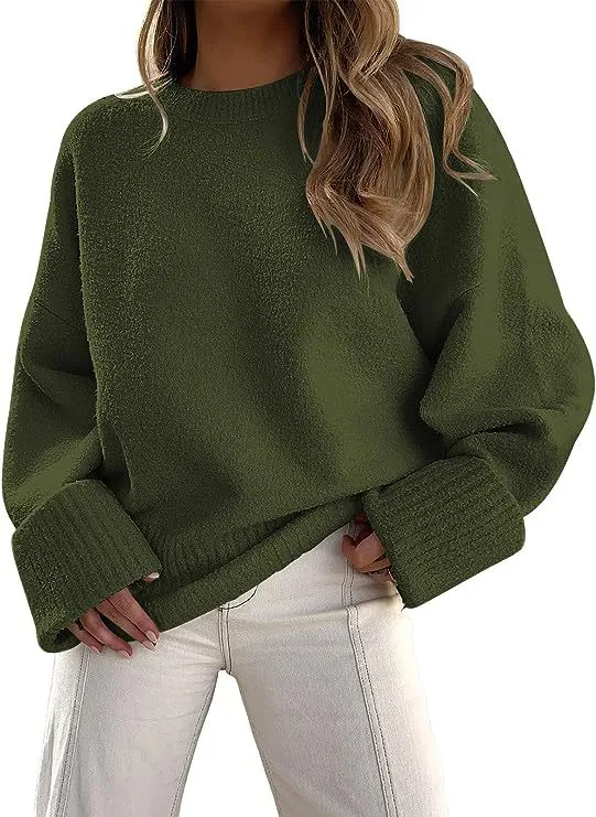 Women's Fashion Casual Round Neck Long Sleeve Plush Sweater Top Green - Shop at LoveMi