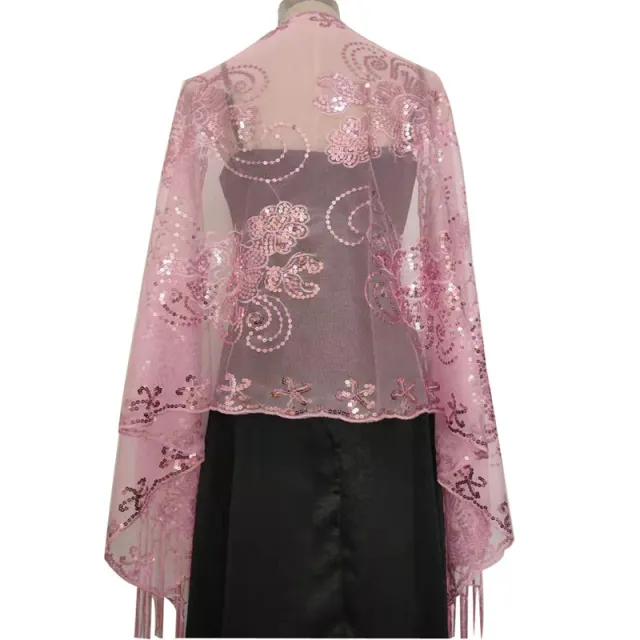 Long Tassel Sequin Embroidered Shawl Women Pink - Shop at LoveMi
