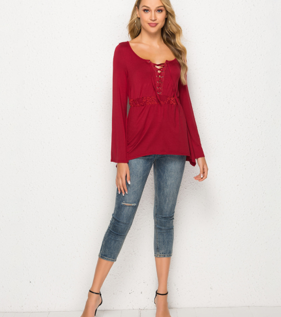 Women's Top With Drawstring Flared Sleeves And Irregular Waist Hem