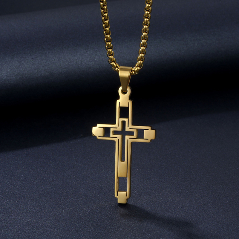 Hip Hop Titanium Steel Hollow Double Cross Pendant Necklace