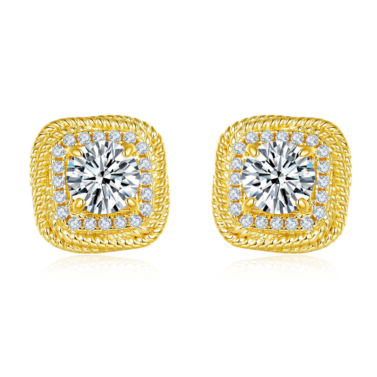 S925 Sterling Silver Gold Plated Cushion Stud Earrings, 6.5mm D-VVS1 Moissanite, Rope Edge Halo Design, 5.4g Women's Jewelry Gift Box